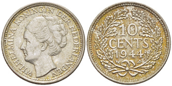 Нидерланды 10 центов 1944 Вильгельмина (1890-1948) KM 163 серебро aUNC 66-1245