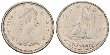 Канада 10 центов 1980 Елизавета II (1952-2022), парусник KM 77 никель 192-538