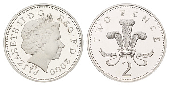 Великобритания 2 пенса 2000 Елизавета II (1952-2022), тираж 15.000 экземпляров KM 987b, Spink C5 серебро PROOF 1095-9-24