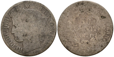 Франция 50 сантимов 1871 K, третья республика (1870-1941) KM 834.2, Le Franc 189.2 серебро 4154-1111