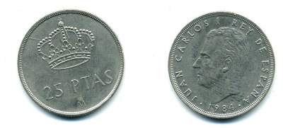 ИСПАНИЯ 25 ПЕСЕТ 1984 ХУАН КАРЛОС I KM 824 медно-никель 41-242