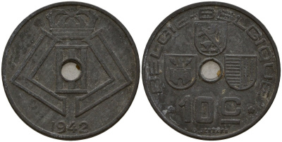 Бельгия 10 сантимов 1942 Belgie - Belgique, Леопольд III (1934-1947), германская оккупация, Вторая мировая война KM 126 цинк 4161-333