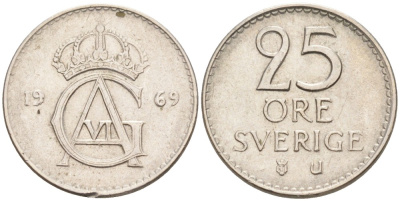 Швеция 25 эре 1969 U, Густав VI Адольф (1950-1973) KM 836 медно-никель 73-1547
