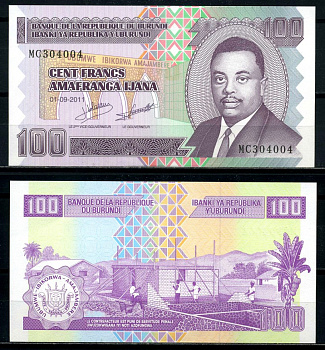 Бурунди 100 франков 2011 1 октября 2011, Prince Rwagasore Pick 44b бумага UNC (пресс) 6317-43-3-2