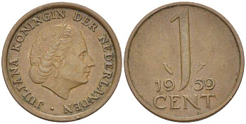 НИДЕРЛАНДЫ 1 ЦЕНТ 1959 ЮЛИАНА KM 180 бронза 66-855