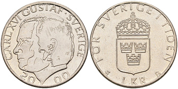 Швеция 1 крона 2000 Карл XVI Густав (1973- ) KM 852а медно-никель 4582-517