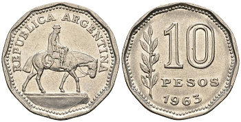 Аргентина 10 песо 1963 Гаучо KM 60, Schon 60, CJ 283 никелированная сталь    60-941