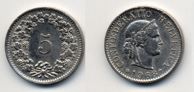 ШВЕЙЦАРИЯ 5 РАППЕНОВ 1968 KM 26 медно-никель 54-646