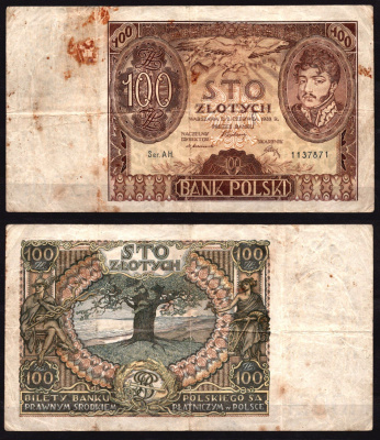 Польша 100 злотых 1934 Юзеф Антони Понятовский, дерево Pick 75 a бумага 7547-82-2-2