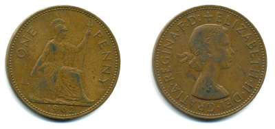 Великобритания 1 пенни 1962 Елизавета II (1952-2022) KM 897, Spink 4157 бронза 57-335