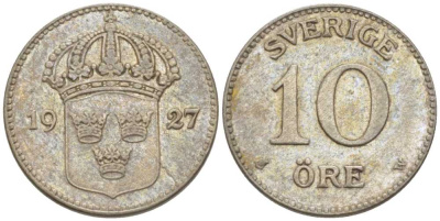 Швеция 10 эре 1927 W, Густав V (1907-1950) KM 780 серебро 116-1152