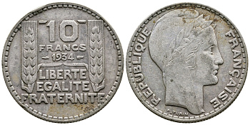 Франция 10 франков 1932 Пьер Тюрен KM 878, Le Franc 360.5 серебро 79-1526