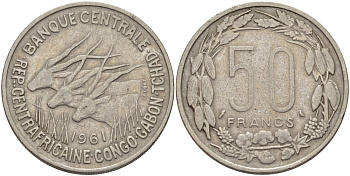 ЭКВАТОРИАЛЬНО-АФРИКАНСКИЕ ШТАТЫ 50 ФРАНКОВ 1961 КОНГО, ГАБОН, ЧАД KM 3 медно-никель 82-844