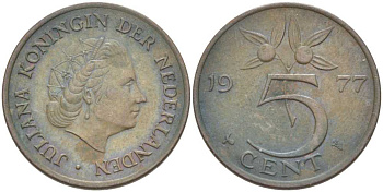 Нидерланды 5 центов 1977 Юлиана (1948-1980) KM 181 бронза 213-1142