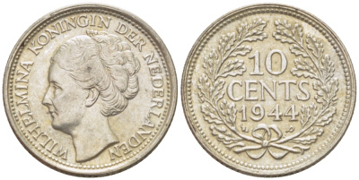 Нидерланды 10 центов 1944 Вильгельмина (1890-1948) KM 163 серебро aUNC 46-912