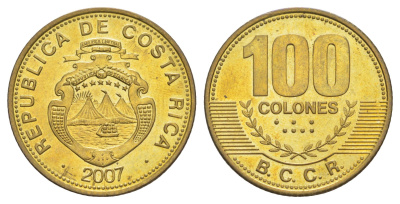 Коста-Рика 100 колонов 2007 KM 240a сталь плакированная латунью UNC 4642-955