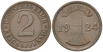 Германия 2 рейхспфеннига 1924 G KM 38, J. 314 бронза 4164-647