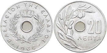 Греция 20 лепта 1966 Константин II (1964-1974), оливковая ветвь KM 79 алюминий 4182-1114
