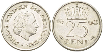 НИДЕРЛАНДЫ 25 ЦЕНТОВ 1960 ЮЛИАНА (1948-1980) KM 183 никель 214-931