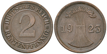 Германия 2 рентенпфеннига 1923 A KM 31, J. 307 бронза 4164-643