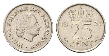 Нидерланды 25 центов 1961 Юлиана (1948-1980) KM 183 никель 4658-822