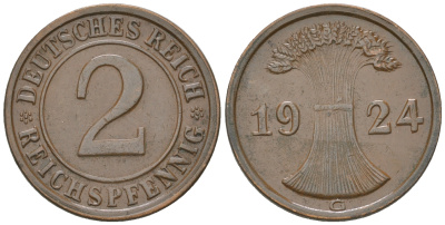 Германия 2 рейхспфеннига 1924 G KM 38, J. 314 бронза 4164-647
