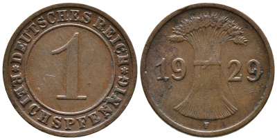 ГЕРМАНИЯ 1 РЕЙХСПФЕННИГ 1929 F KM 37, J. 313 бронза 39-1124