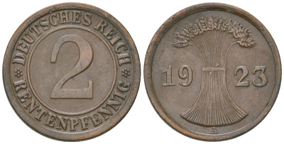 Германия 2 рентенпфеннига 1923 A KM 31, J. 307 бронза 4164-643