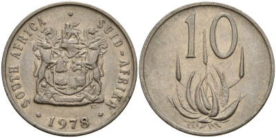 ЮАР 10 центов 1978 герб, цветок алоэ KM 85 никель 4156-935