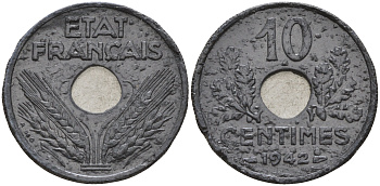 Франция 10 сантимов 1942 правительство Виши KM 898 цинк    4153-345