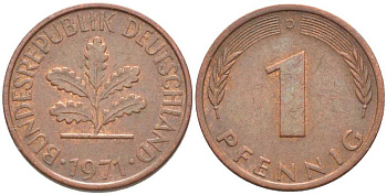ФРГ 1 ПФЕННИГ 1971 D KM 105, J. 380 сталь плакированная медью 116-362