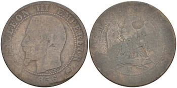 ФРАНЦИЯ 5 САНТИМОВ 1856 K, НАПОЛЕОН III (1852-1870) KM 777.5, LE FRANC 116.34 бронза 217-216
