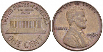 США 1 цент 1960 D, Линкольн, LARGE DATE KM 201 медь цинк 3309-224