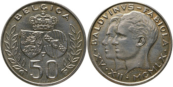 Бельгия 50 франков 1960 свадьба короля Бодуэна и доны Фабиолы де Мора и Арагон KM 152 серебро aUNC 4557-1135