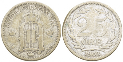 Швеция 25 эре 1902 EB, первый год, Оскар II (1872-1907) король Швеции и Норвегии KM 739 серебро 3309-848
