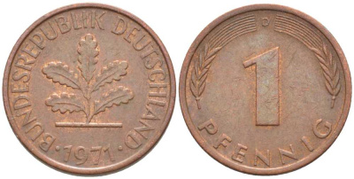 ФРГ 1 ПФЕННИГ 1971 D KM 105, J. 380 сталь плакированная медью 116-362