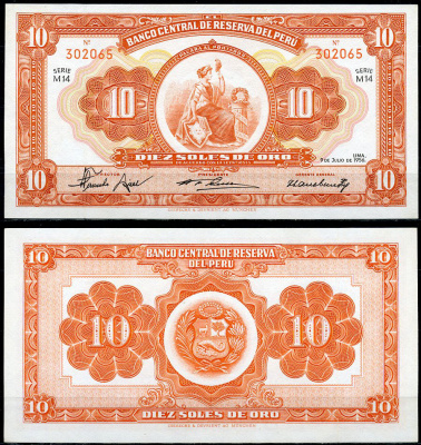 Перу 10 солей 1956 сидящая свобода, Giesecke & Devrient, серия M14 Pick 77  бумага  UNC (пресс) 451-807-1