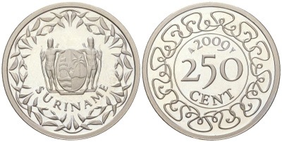 Суринам 250 центов 2009 KM 24 медно-никель PROOF 1523-1131