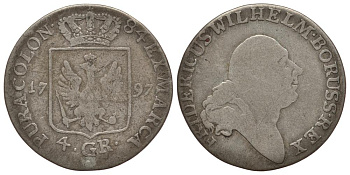 ПРУССИЯ 4 ГРОША 1797 A, ФРИДРИХ ВИЛЬГЕЛЬМ II (1786-1797) KM 362.1 серебро 1522-1025