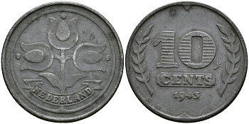 НИДЕРЛАНДЫ 10 ЦЕНТОВ 1943 ВИЛЬГЕЛЬМИНА (1890-1948) KM 173 цинк 94-556