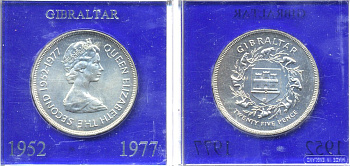 Гибралтар 25 пенсов 1977 25 лет правления Елизаветы II (1952-1977), в оригинальной коробке KM 10 медно-никель UNC UNC 1-4-4-20