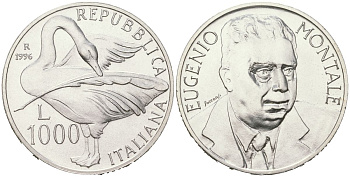 Италия 1000 лир 1996 R, 100 лет со дня рождения Эудженио Монтале KM 199 серебро BU 4367-1123