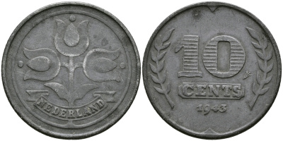 НИДЕРЛАНДЫ 10 ЦЕНТОВ 1943 ВИЛЬГЕЛЬМИНА (1890-1948) KM 173 цинк 94-556