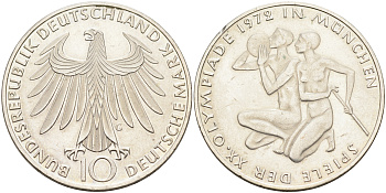 ФРГ 10 марок 1972 G, XX летние Олимпийские Игры, Мюнхен 1972, спортсмены KM 132, J. 403 серебро 4368-722