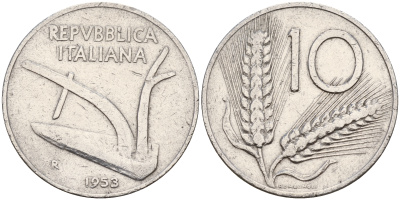 Италия 10 лир 1953 R, плуг, колосья KM 93 алюминий 4595-336