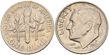 США 10 центов = дайм 1969 D, Рузвельт KM 195а медь плакированная медно-никелем 4115-754