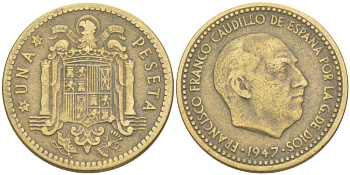 Испания 1 песета 1947 (49) Франсиско Франко (1939-1975) KM 775 алюминиевая бронза 216-543