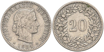 ШВЕЙЦАРИЯ 20 РАППЕНОВ 1884 В KM 29 никель 55-556