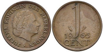 Нидерланды 1 цент 1965 Юлиана (1948-1980) КМ 180 бронза    4124-235
