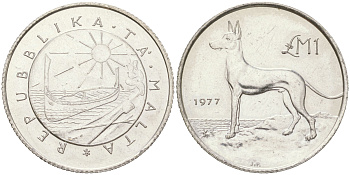 Мальта 1 лира 1977 Мальтийская охотничья (Фараонова) собака KM 45 серебро BU 4044-1334